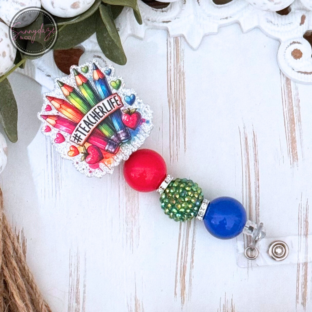 Teacher Colored Pencils Badge Reel