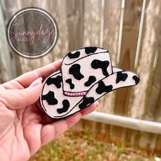 Rhinestone Cow Print Cowgirl Hat Freshie RTS